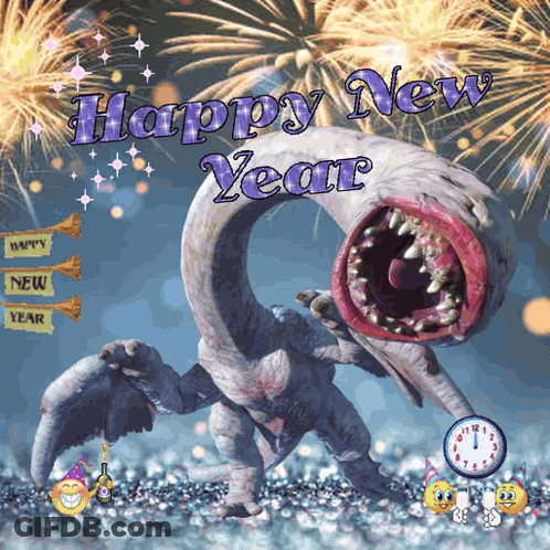 Happy New Year Monster Fireworks GIF
