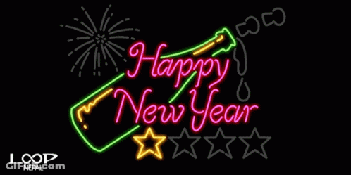 Happy New Year Neon Sign With Bottle And Fireworks GIF