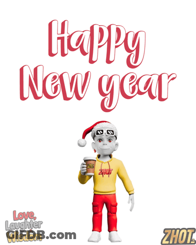 Happy New Year Santa Cartoon Holding Coffee GIF