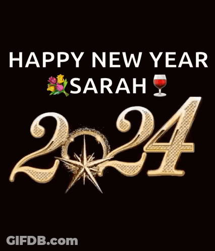 Happy New Year Sarah Card With Fireworks And Wine GIF