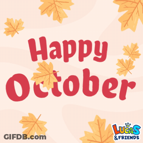 Happy October Is Written In Red On A Pink Background With Leaves GIF