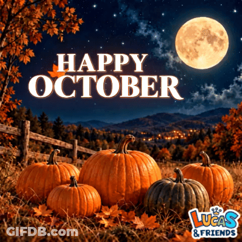 Happy October Poster With Pumpkins And Full Moon GIF