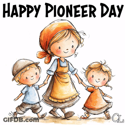 Happy Pioneer Day Poster Woman And Two Children Holding Hands GIF