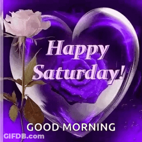 Happy Saturday Good Morning Greeting With Purple Heart And Rose GIF