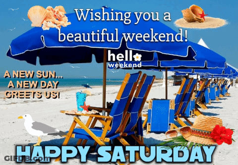 Happy Saturday Greeting Card With Blue Beach Chairs And Umbrellas GIF