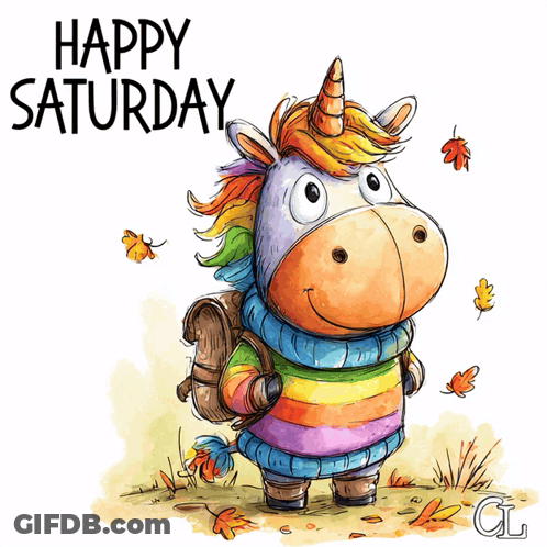 Happy Saturday Greeting Card With Unicorn In Sweater GIF