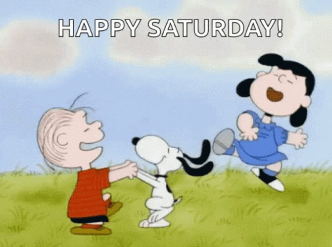 Happy Saturday Jumping Charlie Brown Snoopy Peanuts GIF