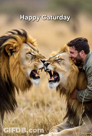 Happy Saturday Man Petting Lion GIF