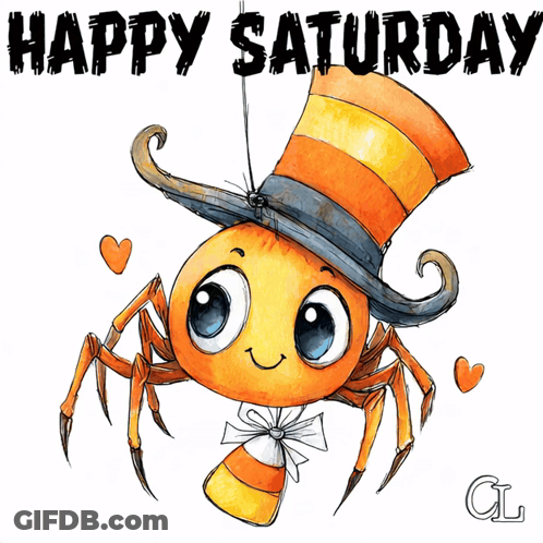 Happy Saturday Spider In Top Hat With Candy Corn GIF