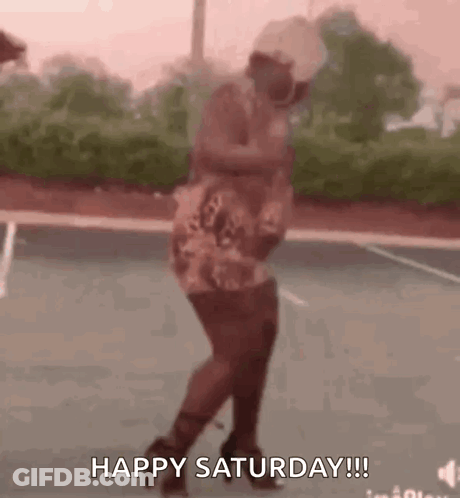 Happy Saturday Woman Dancing On Tennis Court GIF