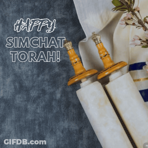 Happy Simchat Torah Greeting Card With Two Torah Scrolls GIF