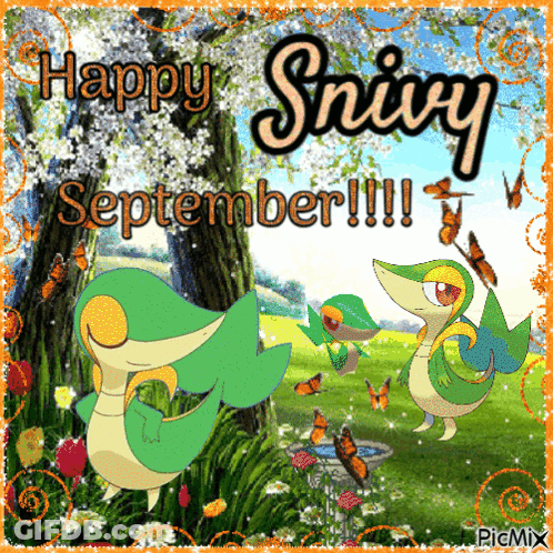 Happy Snivy September Greeting Card With Snakes And Butterflies GIF