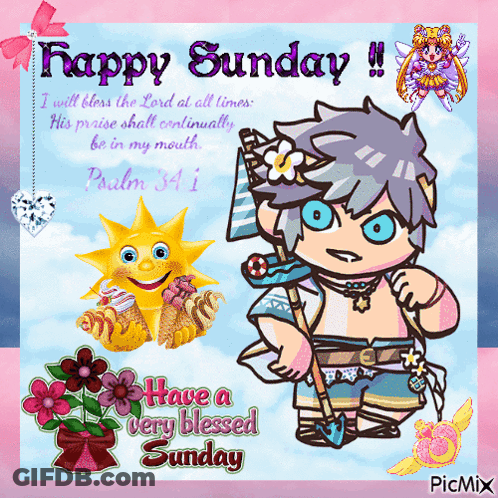 Happy Sunday Greeting Card With Cartoon And Flowers GIF