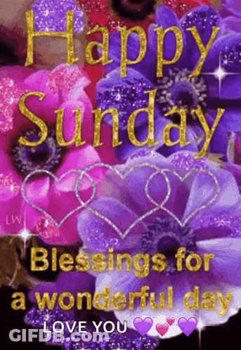 Happy Sunday Greeting With Purple Flowers And Hearts GIF