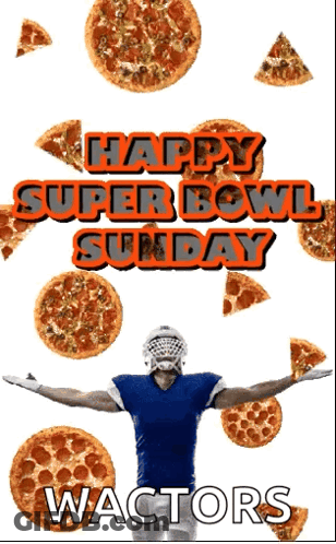 Happy Super Bowl Sunday Poster With Football Player And Pizza GIF