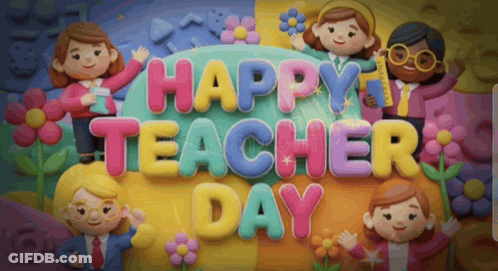 Happy Teacher's Day Greeting Card With Cartoon Characters And Flowers GIF