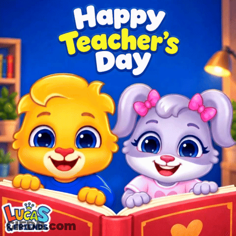 Happy Teacher's Day Poster Boy And Girl Reading Books GIF