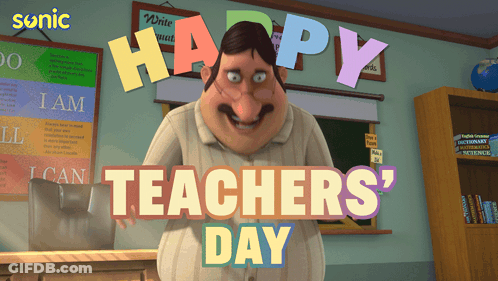 Happy Teachers Day Poster With Cartoon Character GIF