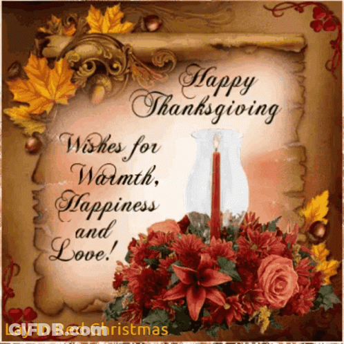 Happy Thanksgiving Card With Candle And Flowers GIF