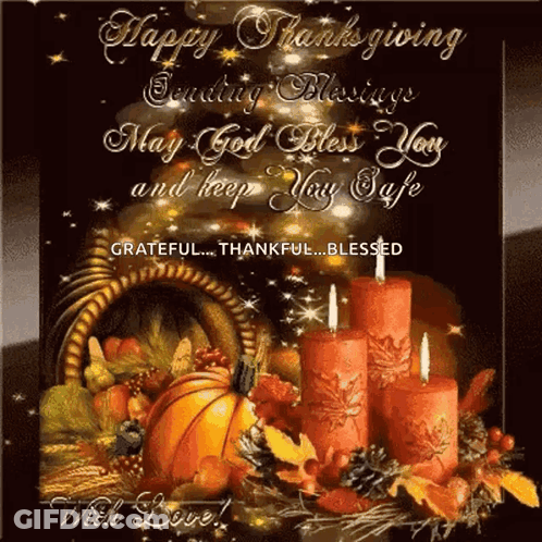 Happy Thanksgiving Card With Cornucopia And Candles GIF