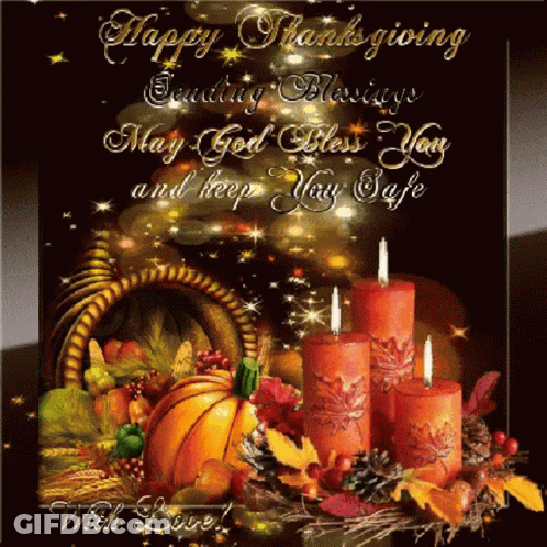 Happy Thanksgiving Card With Cornucopia And Candles GIF