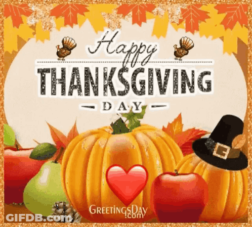 Happy Thanksgiving Card With Pumpkins Apples Turkeys Leaves GIF