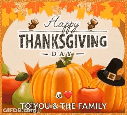 Happy Thanksgiving Card With Pumpkins Apples Turkeys Witch Hat GIF