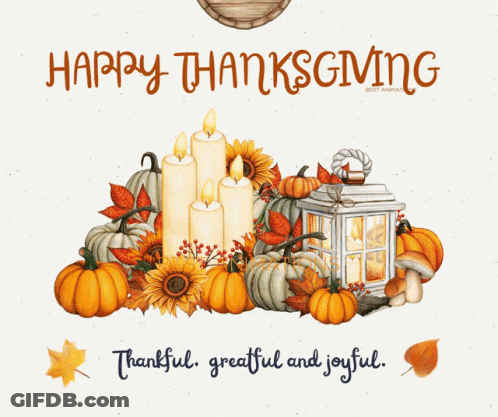 Happy Thanksgiving Card With Pumpkins Candles And Flowers GIF