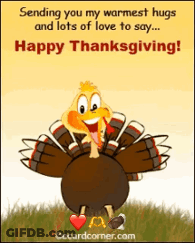 Happy Thanksgiving Card With Turkey And Hearts GIF