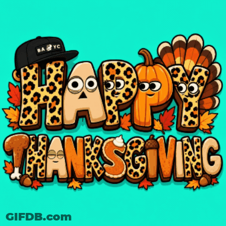 Happy Thanksgiving Sign With Turkey And Pumpkin GIF