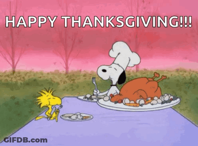 Happy Thanksgiving Snoopy And Woodstock Enjoy Eating GIF