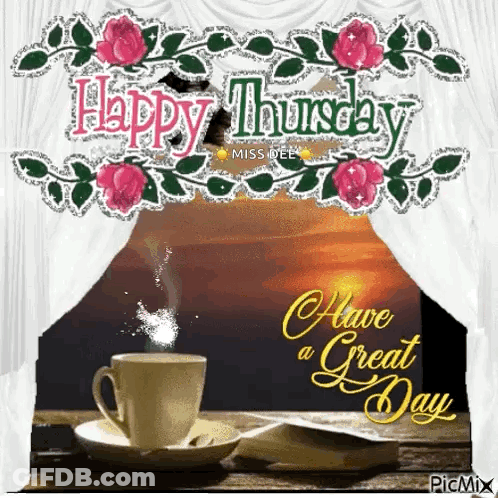 Happy Thursday Card With Coffee And Book GIF