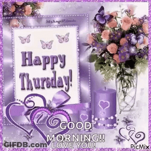 Happy Thursday Card With Vase Flowers And Candles GIF