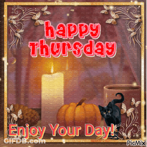 Happy Thursday Greeting Card With Black Cat And Candle GIF