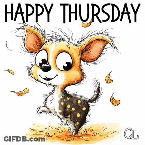Happy Thursday Greeting Card With Cartoon Dog And Leaves GIF