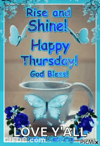 Happy Thursday Greeting Card With Coffee And Butterflies GIF