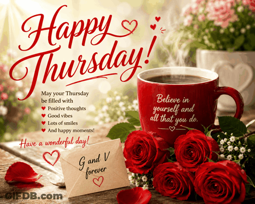 Happy Thursday Greeting Card With Coffee And Roses GIF