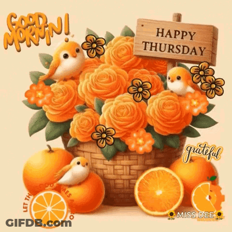 Happy Thursday Greeting Card With Flowers Oranges And Birds GIF