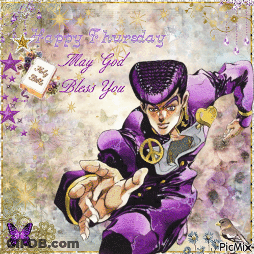 Happy Thursday Greeting Card With Purple Cartoon Character GIF