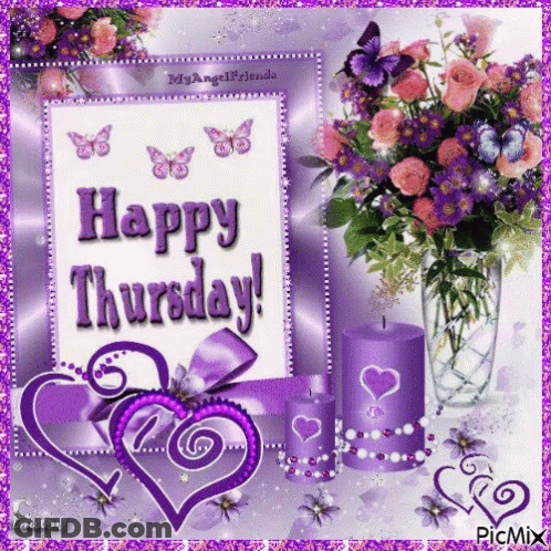 Happy Thursday Greeting Card With Purple Flowers And Candles GIF