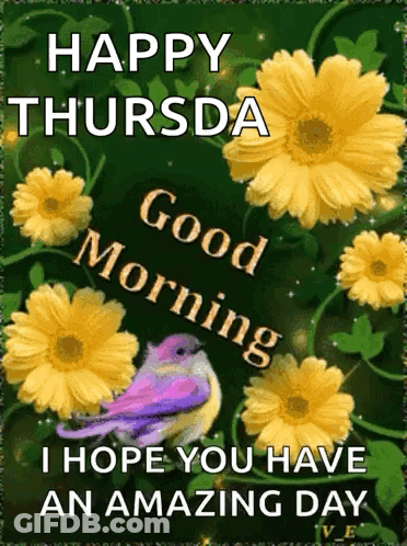 Happy Thursday Greeting Card With Yellow Flowers And Bird GIF