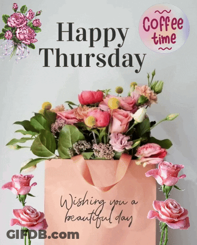 Happy Thursday Wishing You A Beautiful Day With A Pink Bag Full Of Flowers GIF