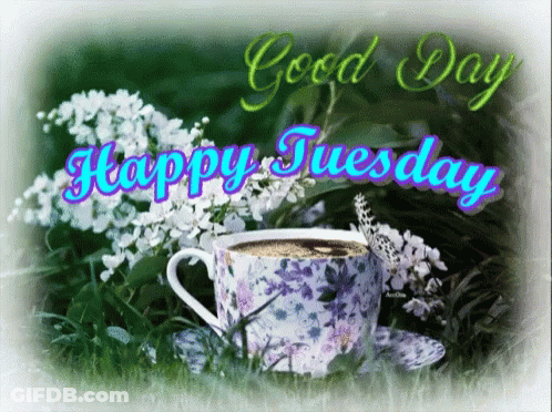 Happy Tuesday Greeting Card With Coffee And Flowers GIF