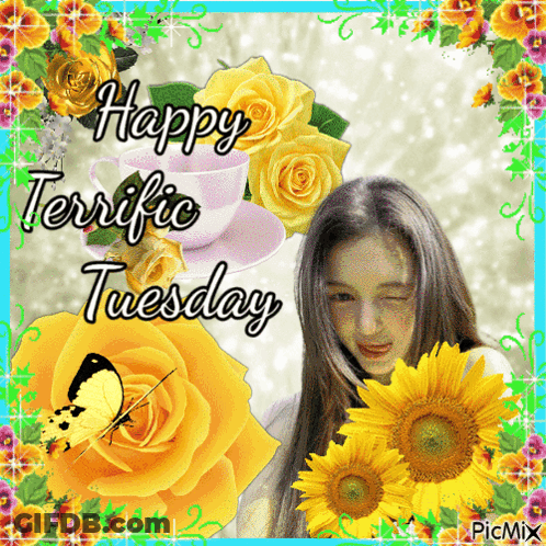 Happy Tuesday Greeting Card Woman Surrounded By Flowers GIF
