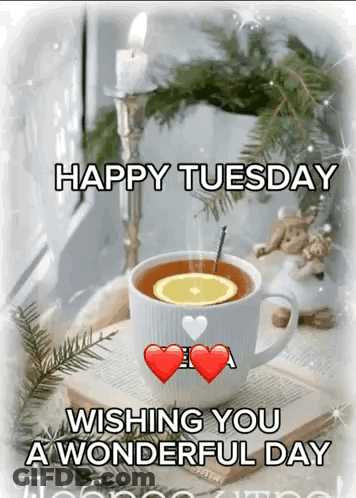 Happy Tuesday Wishing You A Wonderful Day With Cup Of Tea On Book GIF