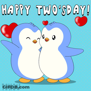 Happy Two's Day Greeting Card With Two Penguins And Hearts GIF