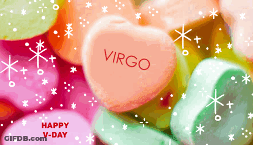Happy V-Day Greeting Card With Candy Hearts And Virgo Heart GIF