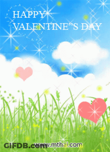 Happy Valentine's Day Card With Grass And Hearts GIF