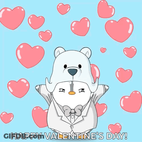 Happy Valentine's Day Card With Penguin In Polar Bear Costume GIF