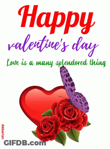Happy Valentine's Day Card With Red Heart And Roses GIF
